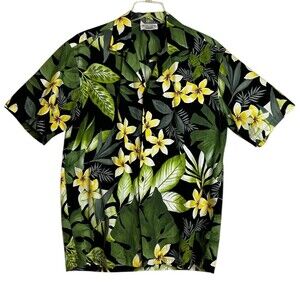 Pacific Legend Mens Hawaiian Camp Aloha Shirt Black Floral LARGE Made in Hawaii